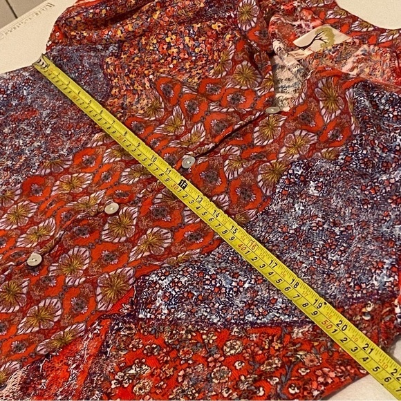 Anthropologie Fig and Flower XL Boho 3/4 Sleeve Tie Hem V-neck Red Blue Sheer - Picture 8 of 9
